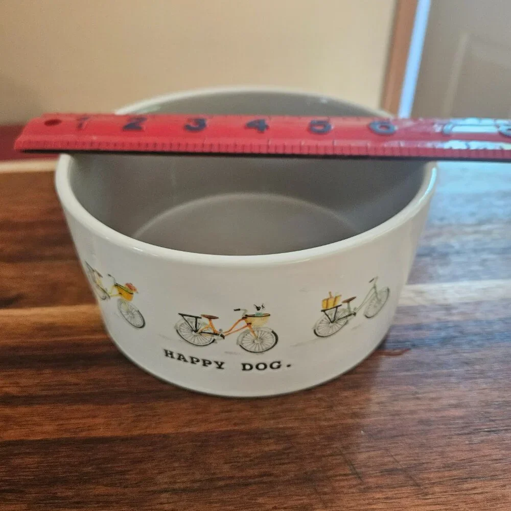 Rae Dunn ceramic dog dish graphics happy dog